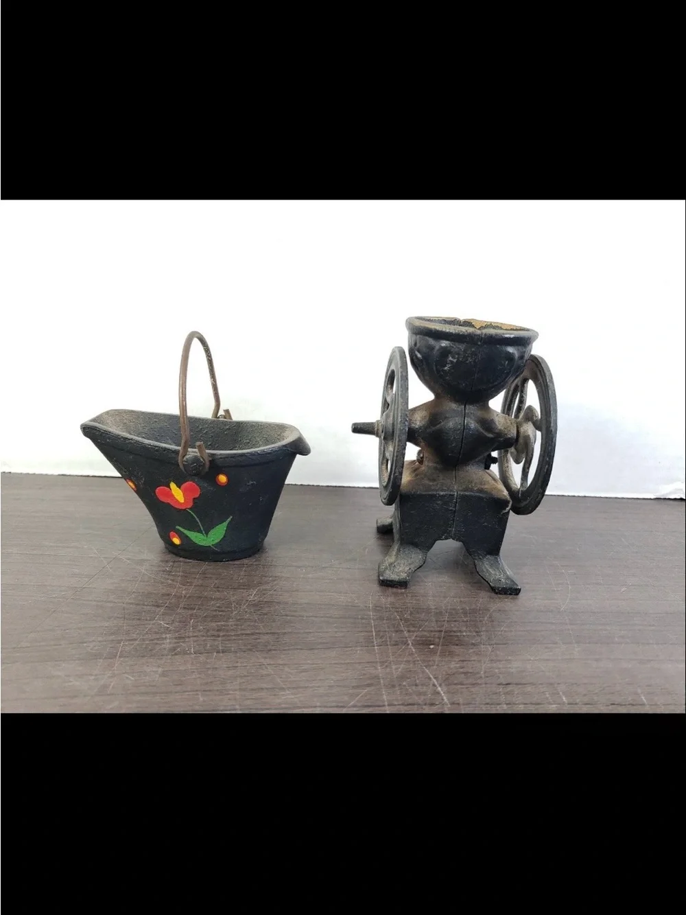 Vintage-Hand Painted Miniature Cast Iron Grinder w/Bucket Set -